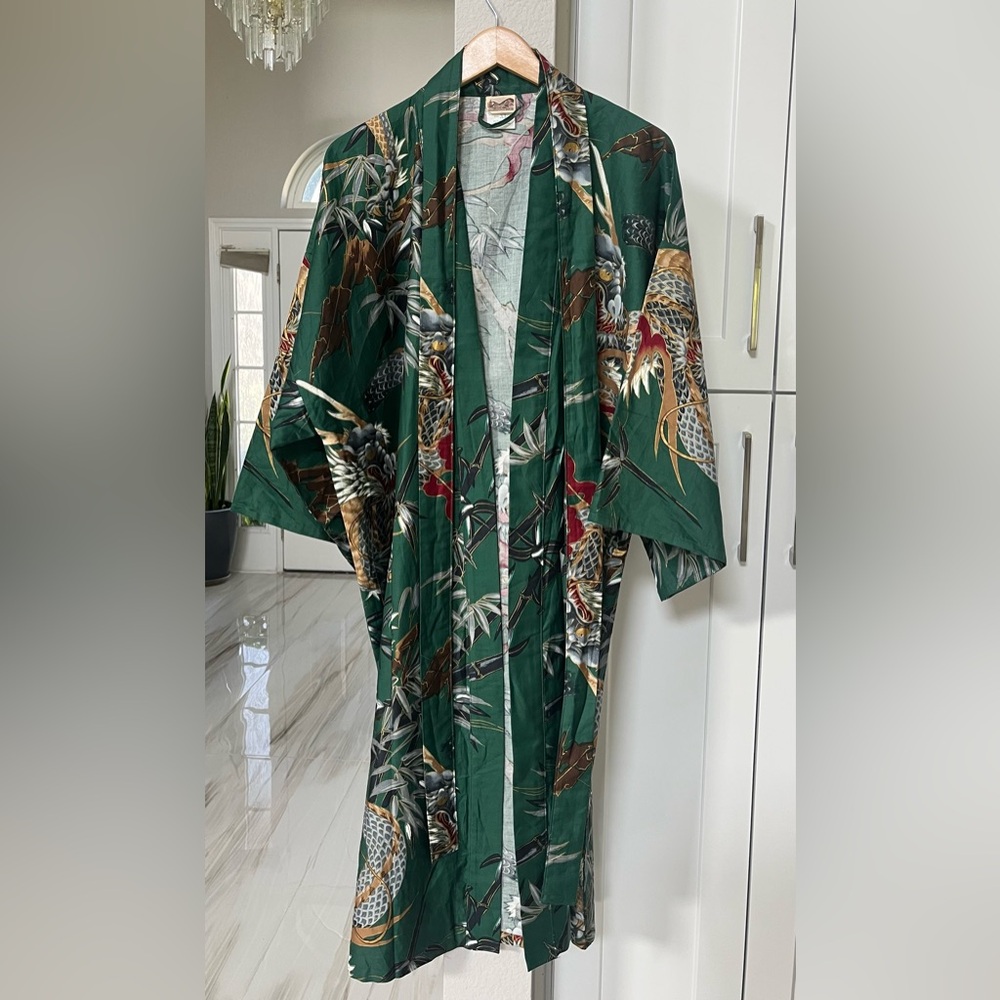 NWOT Japanese Yukata Robe Green Dragon and Bamboo Print Fabric Unisex - Picture 3 of 11